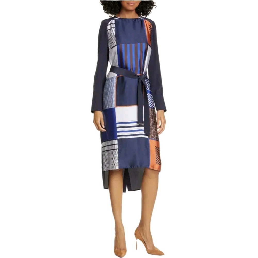 Judith & Charles 100% Silk Abstract Patchwork Tie Waist Midi Dress Size 10 Artsy